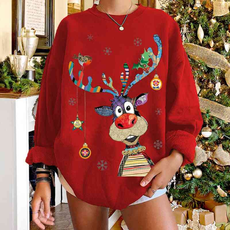 

Womens Christmas Sweater Elk Cute Sweater Printed Female Off Shoulder Jumper Large Round Neck Fleece Female Pullover, White;black
