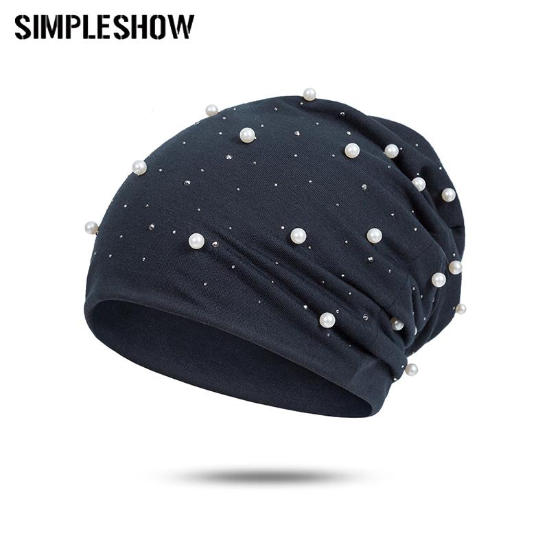 

Brand Women'S Beanie Hat Casual Polyester Shine Pearls&Rhinestones Beanies For Women Skull Beanie Hats Bonnet For Female, Army green