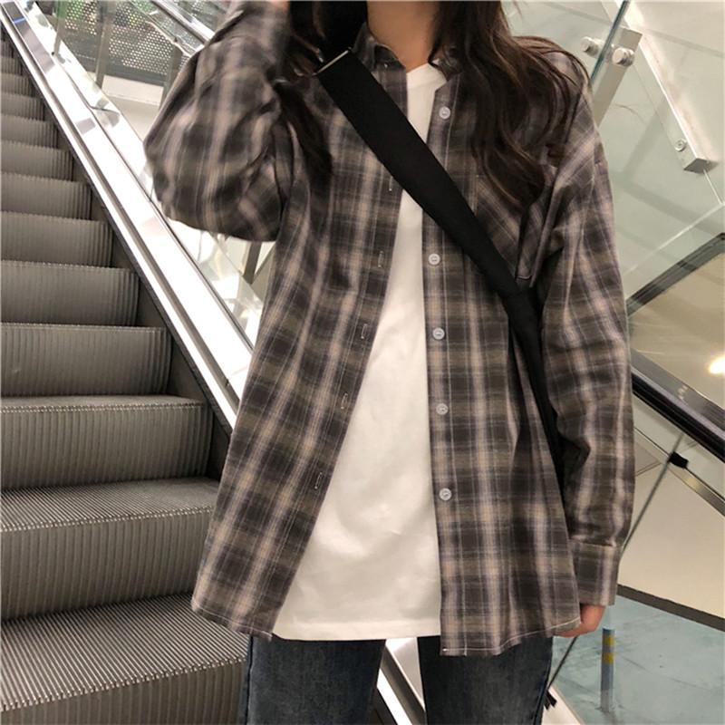 

New Women Shirt 2020 Summer Autumn Plaid Turn-down Collar Blouse Loose Full Sleeve Elegant Casual Female Office Lady Retro Tops, Photo color