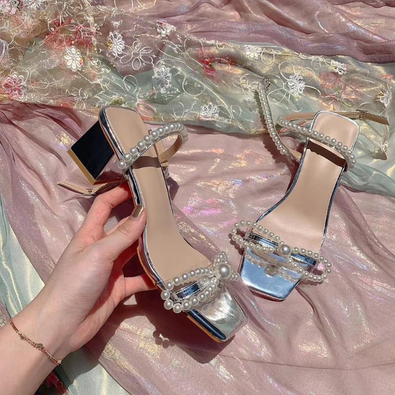 

2020 New Shoes to Receive with Mid-Heel Sandals Pearl Bow Wave Chunky-Heel Sandals Female Fairy Wind1, Silver