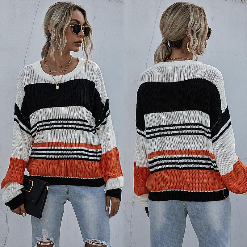 

Three-color Stitching Striped Sweater Women' Autumn And Winter New Loose Casual Befree Pullover Pull Femme Plus Size Coat, Orange