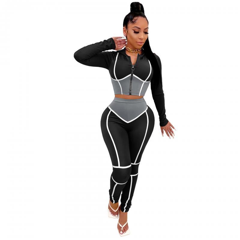 

Fall/winter women' sports suit, women' fashion yoga suit, hood and contrast color tight-fitting two-piece sports suit, Black