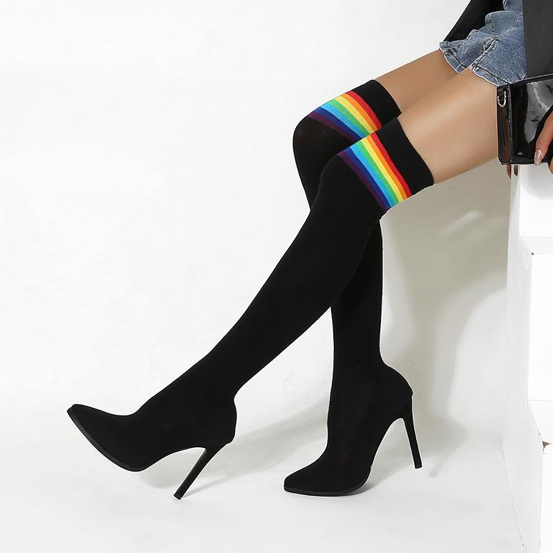 

New Sexy Mixed Colors Stretch Fabric Sock Boots Over-the-Knee Heel Thigh High Pointed Toe Woman Boot Drop Shipping, Black