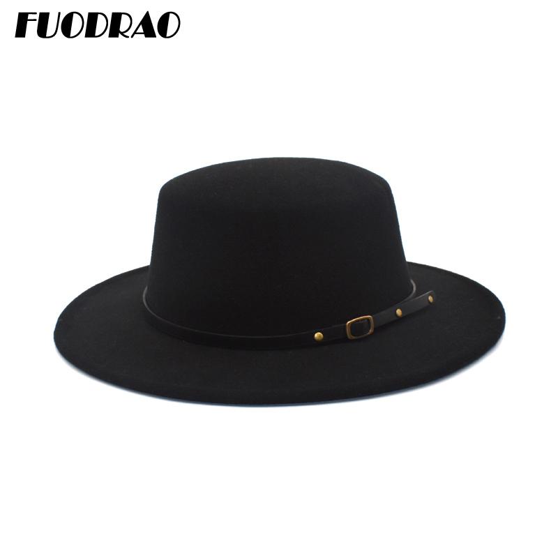 

Wide Brim Hats FUODRAO Classic Solid Color Fedora Hat Women Wool Flat Top Bowler Man Jazz Cap Elegant Lady P21, Black
