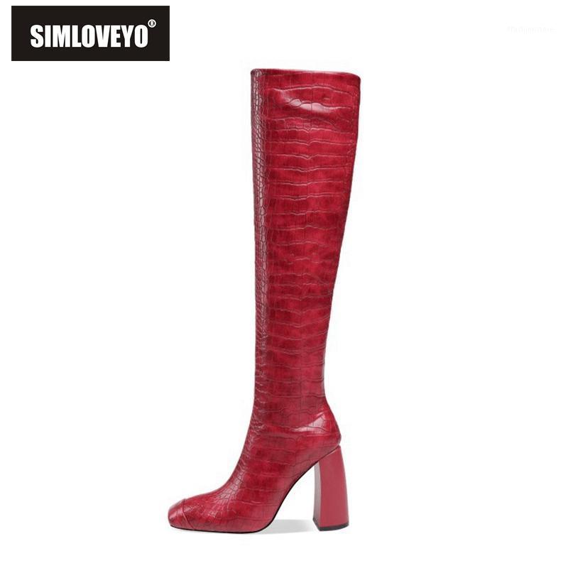 

SIMLOVEYO Autumn Winter Knee-high boots Square toe 10cm Chunky heels Slip-on Big size 34-45 Orang Yellow Sliver Date Club B21101, Red