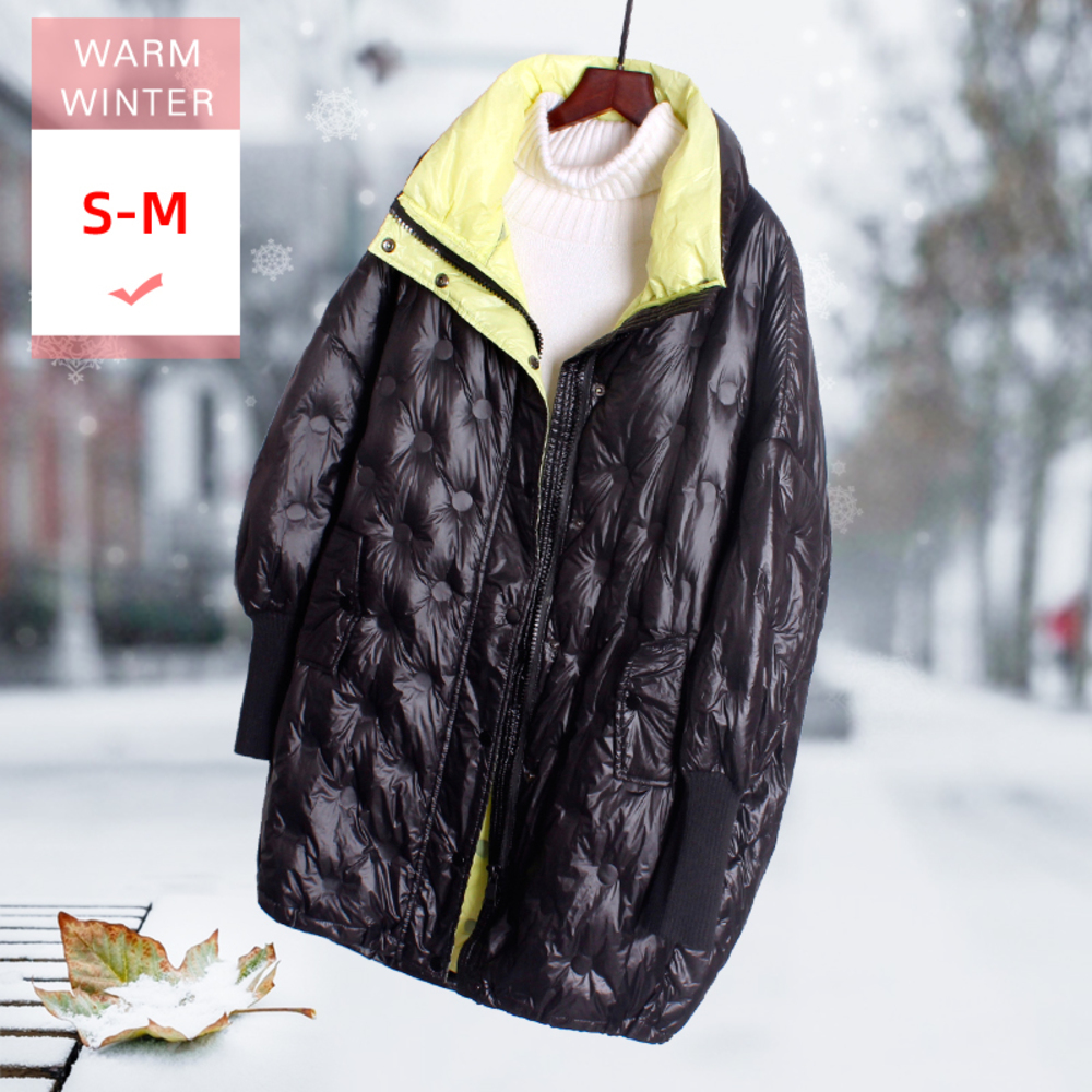 

New Fashion Winter Women Long White Duck Down Jacket Stand Collar Female Loose Color matching Warm Zipper Coat Good Quanlity, Black pink