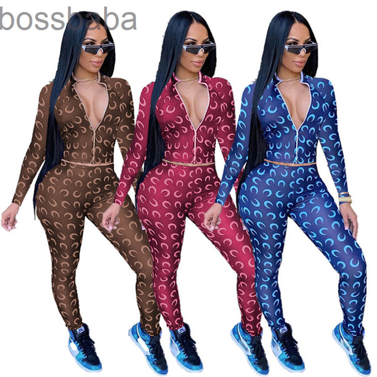 

Women Tracksuit Printed Two Pieces Outfits Designer Clothes 2021 Zipper Cardigan Long Sleeve Pants Ladies 2 Piece Jogger Sets 815, Brown