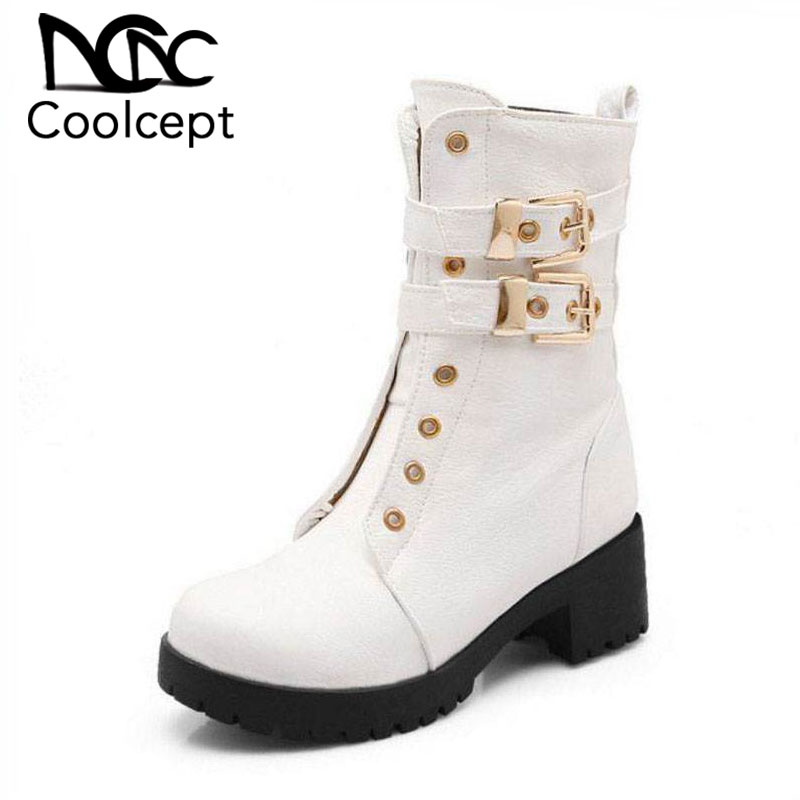 

CoolCept Women Mid Calf Boots Fashion Buckle Square Heel Shoes Women Winter Warm Fur Zipper Whites Platform Boots Size 34-43, Black