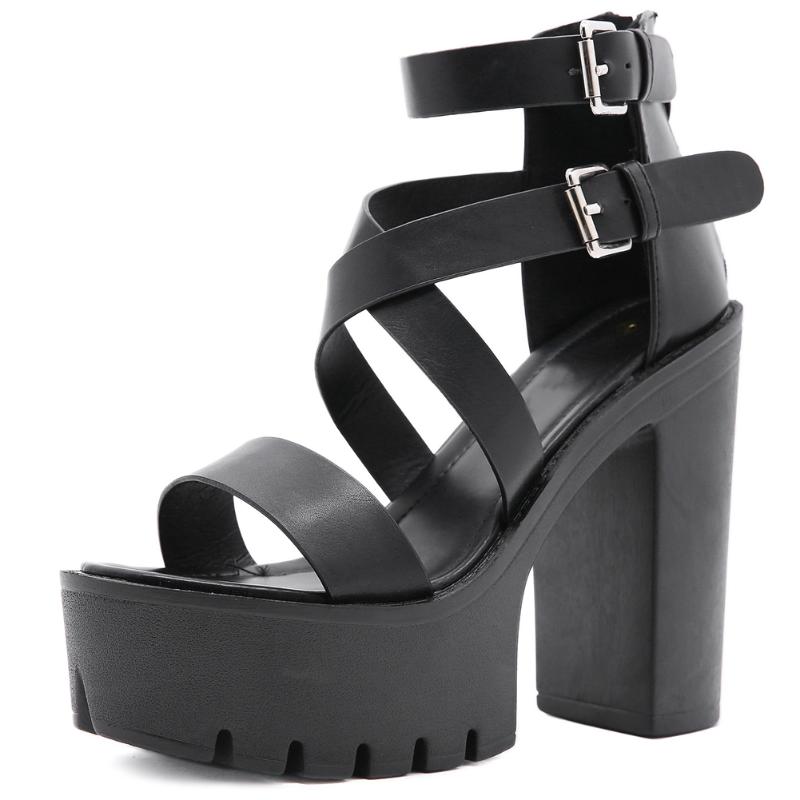 

Brand New Cool cross-strap Black Gothic Style Platform Block High Heels Summer Sandals Woman Shoes Footwear