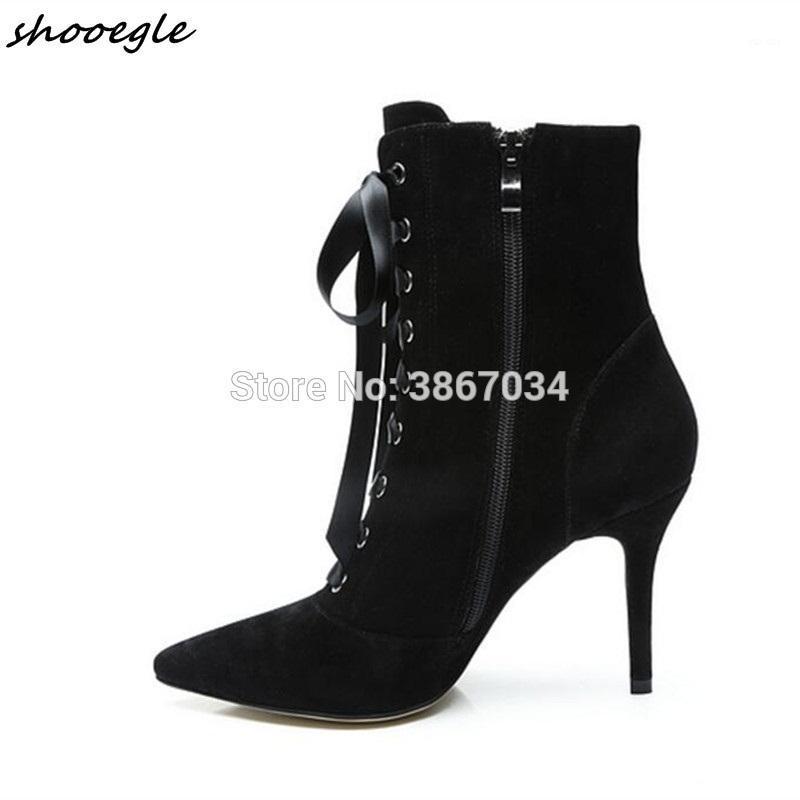 

SHOOEGLE 2020 Brand Fashion Runway Ankle Boots Women Silk ribbonTied High Heels Genuine Leather Zip Stilettos Vintage Botas1, Black suede