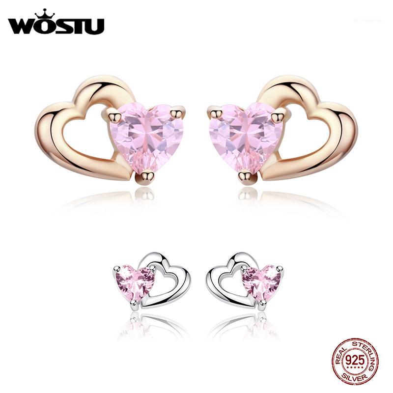 

WOSTU Genuine 925 Sterling Silver Double Heart Shape Pink CZ Romantic Stud Earrings For Women Wedding Jewelry Gift FIE0901
