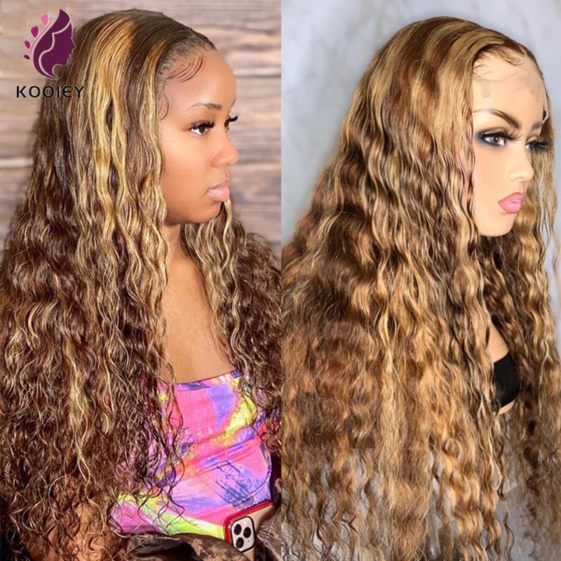 

Highlight Blonde Brown Lace Front Human Hair Wigs 13x6 HD Lace Brazilian Wet And Wave Glueless Full Wet and Wavy Human Hair Wig, Black;brown