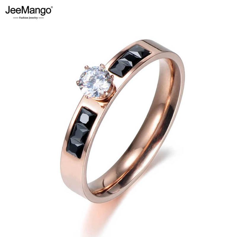 

JeeMango Classic Titanium Steel Rings Micro White/Black Rectangle Cubic Zirconia Wedding Engagement Ring For Women JR18012