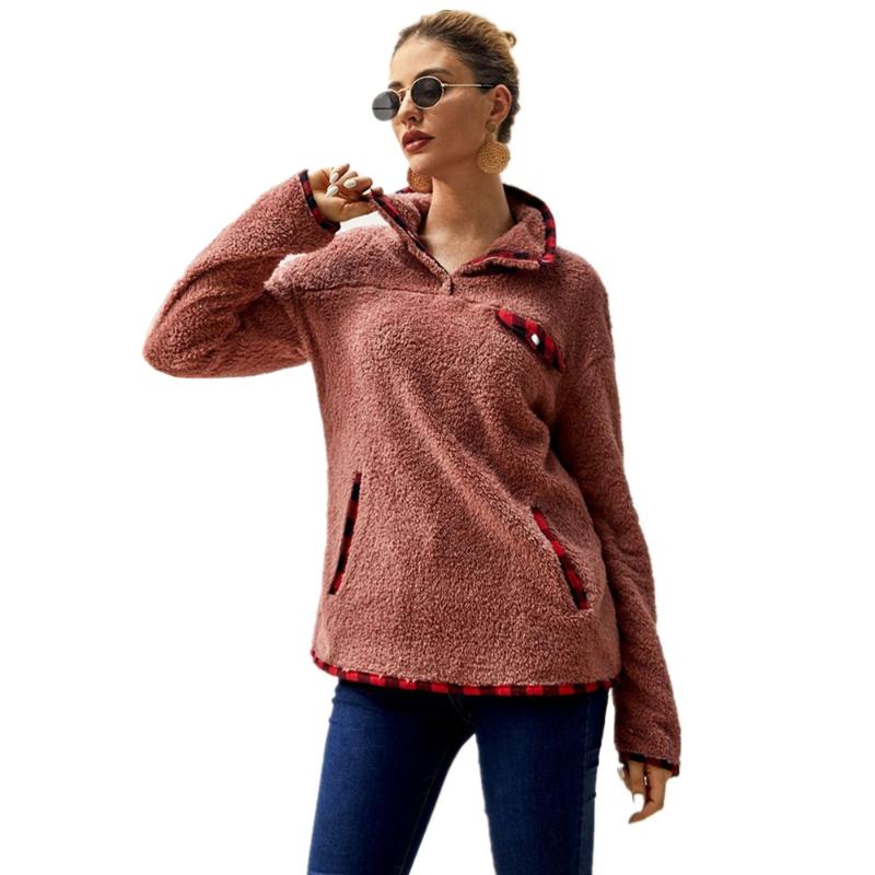 

Winter Warm Sweater Check Cloth Fleece Stitching High Neck Pullover Casual Ladies Thick Warm Sweater Street Teddy Fluffy