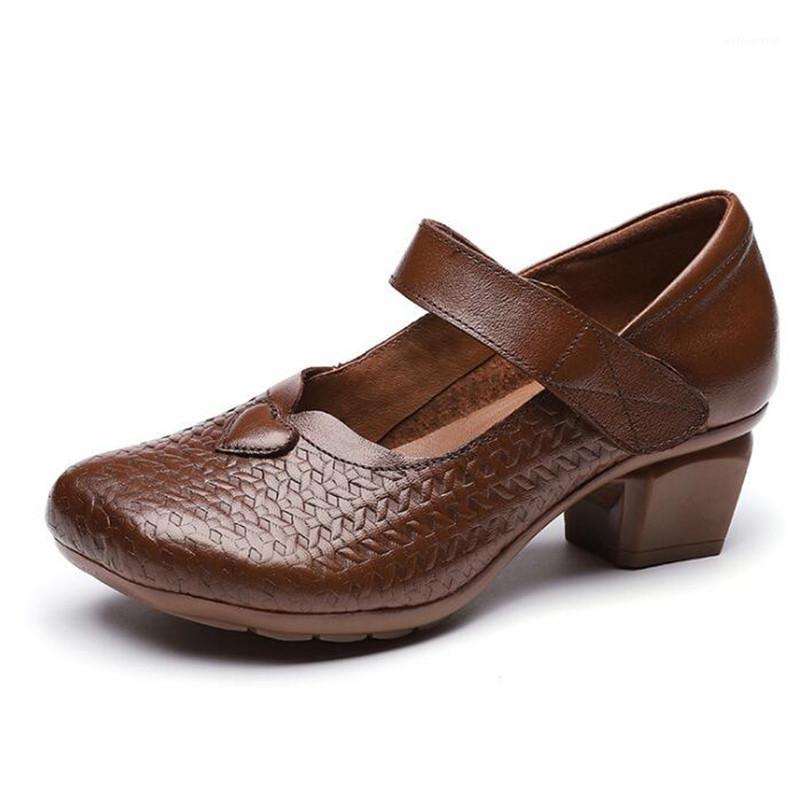 

2020 New Spring Autumn Retro-style Genuine Leather Shoes Ladies Thick High Heels Cowhide Hand-woven Mother Shoes Fashion1, Black