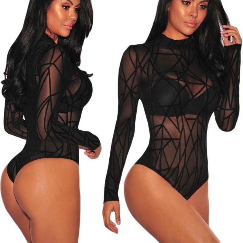 

2021 Womens Sexy Black Bodysuit Leotard Rompers Sheer Mesh Geometric black Long Sleeve Autumn Clothing tops Overalls