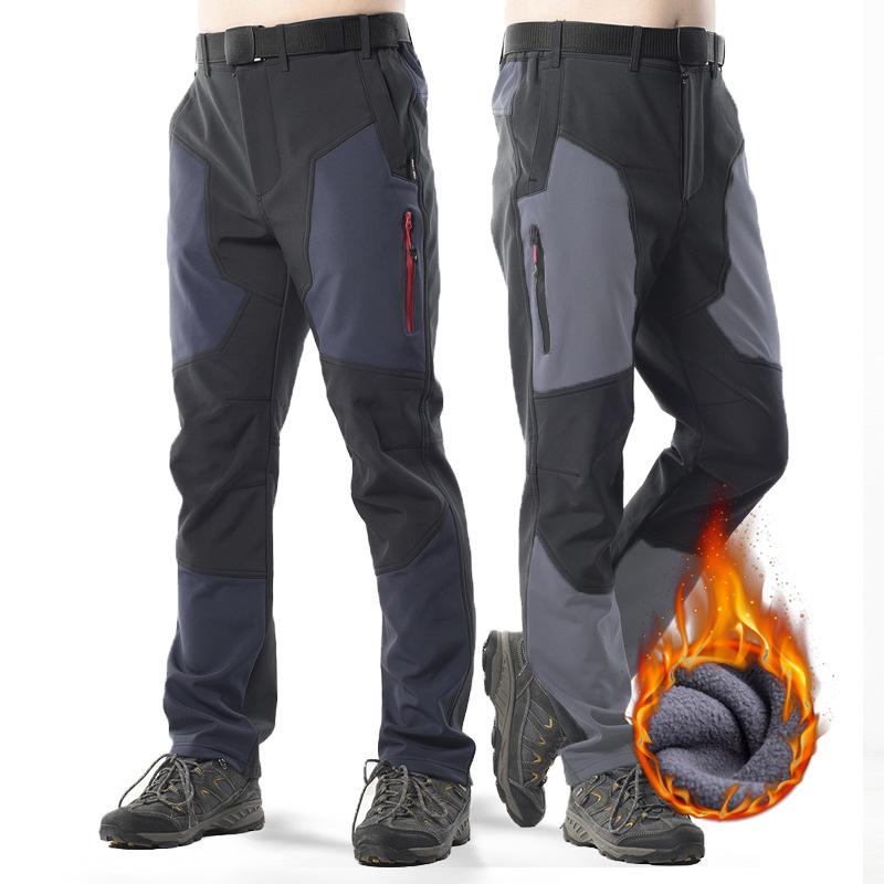 

New Winter Outdoor Waterproof Hiking Pants Men Warm Windproof Stretch Trousers Ski Climb Camping Softshell Fleece Pants, Black