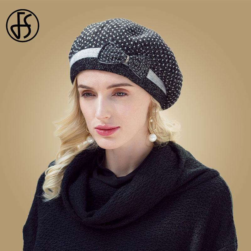 

Berets FS French Beret Hat For Women Warm Wool Hats 2021 Winter Beanie Caps Vintage Bowknot Black Elegant Ladies Casual