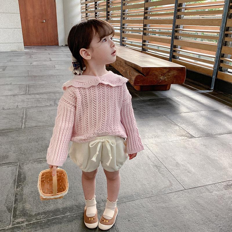 

children wear spring 2021 new beautiful hollow out sweater baby girls lapel long sleeve sweet top, Pink