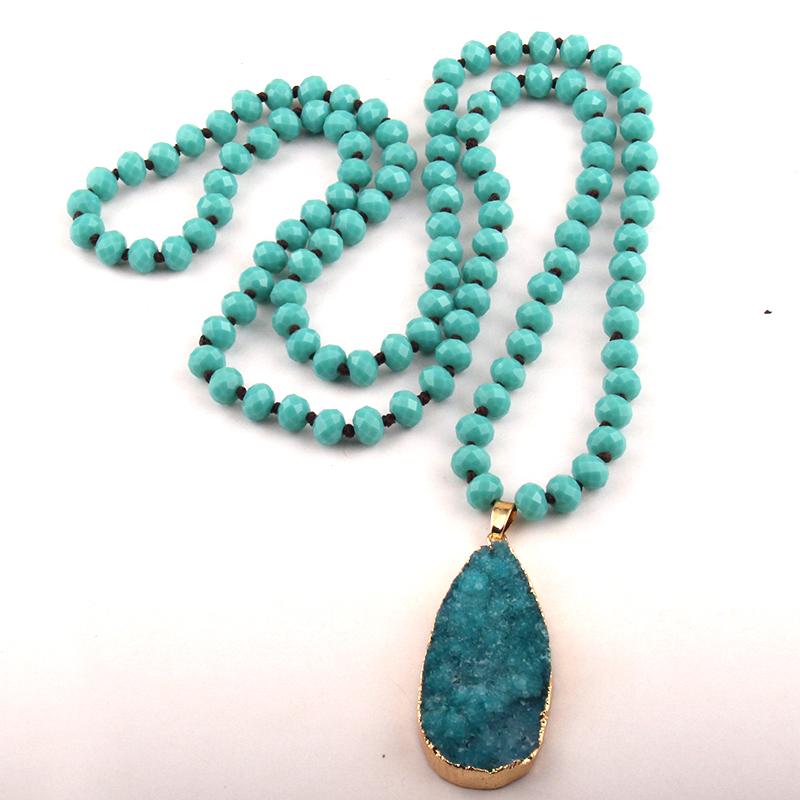 

Free Shipping Bohemian Tribal Jewelry Fashion long Knotted Glass Bead Druzy Drop Pendant Necklaces