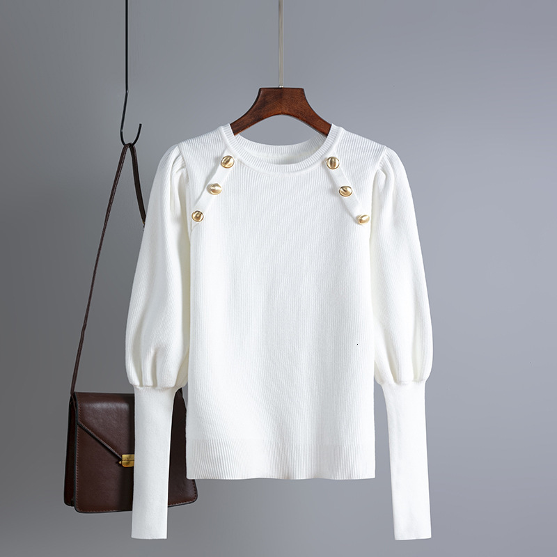 

2021 New Autumn Winter Four Colors Slim Waist Pullovers O-neck All-match Knitted Sweater Puff Sleeve Soft Warm Tops Womens Xmr2, White