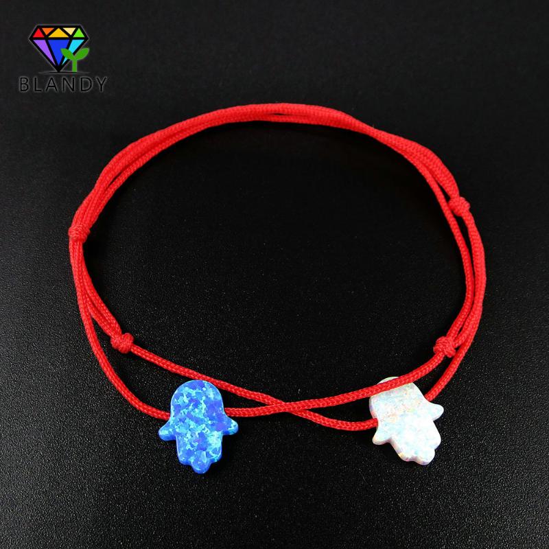 

Charm Bracelets OP05 Blue 11*13mm Fatima Hand Shape Synthetic Opal Bracelet High Quality MOQ=1pc Adjustable Rope Hamsa For Gift