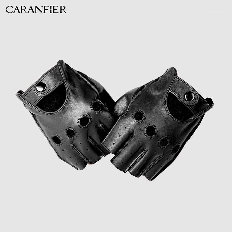 

CARANFIERI Mens Genuine Leather Gloves Slip-resistant Half Finger Sheepskin Fingerless Gym Fitness Driving Men Gloves Moto1