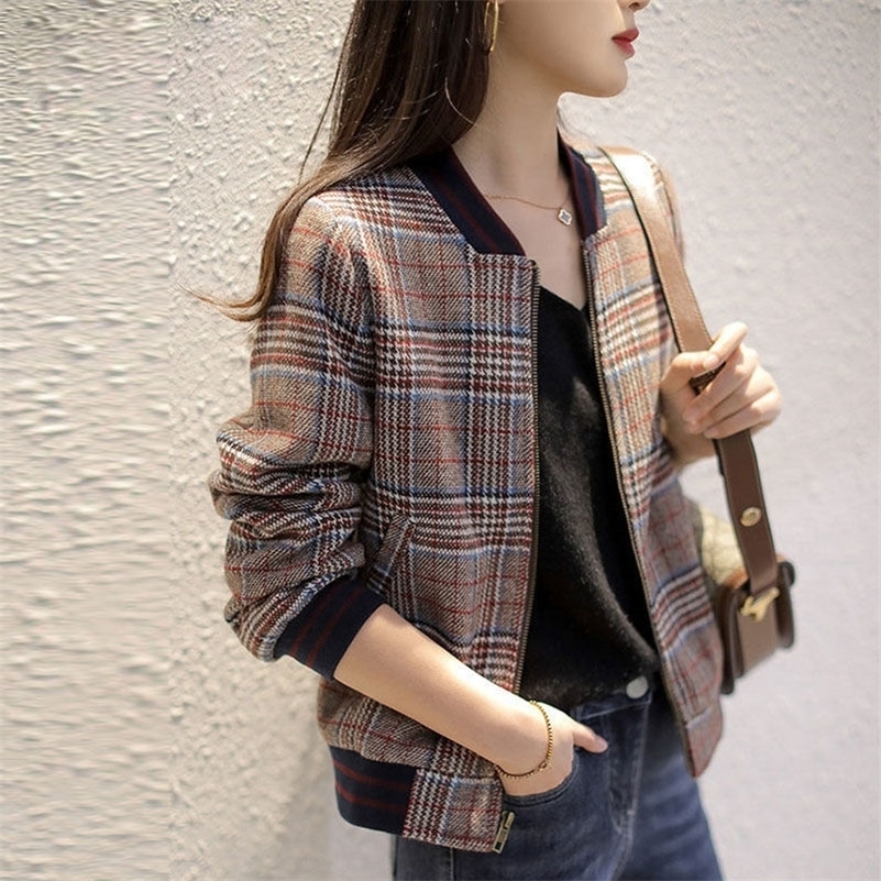 

Autumn European Style Women Plaid Bomber Jacket Baseball Fashion Coats Long Sleeve Basic Retro Jackets Plus Size Outwear 201210, Picture