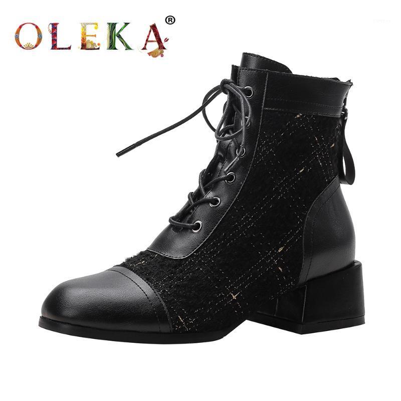 

OLEKA Mid-calf Winter Womans Boots Square Heel Totem Round Toe Women Shoes Boots Sweet Style Basic New AS7361, Beige