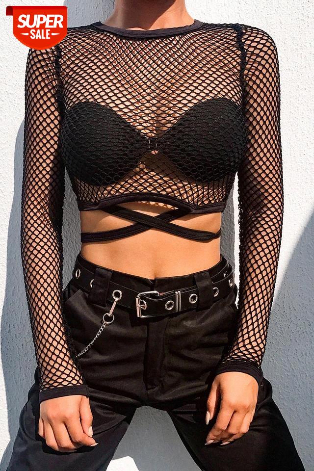 

Sexy Women Hollow Out Fishnet Mesh Sheer Crop Top Long Sleeve Bodycon See-Through Transparent T-Shirt Tee Tops Clubwear #x000, White