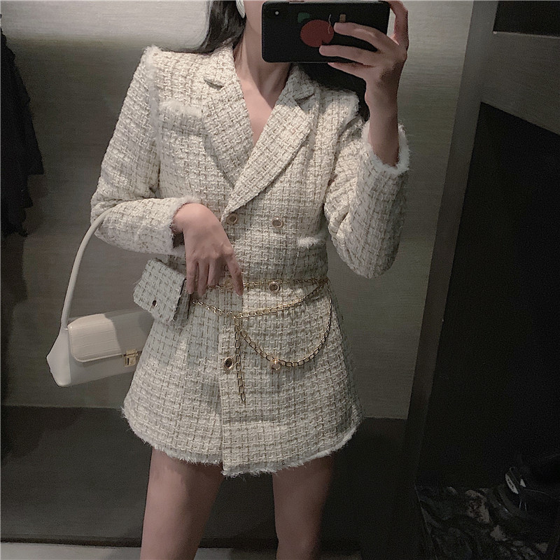 

2021 New  Elegante Mistura Feminina Inverno Outono Longo Tweed Jaqueta Duplo Vintage Xadrez Retro Casaco Cintura Bolsa EN39, Beige