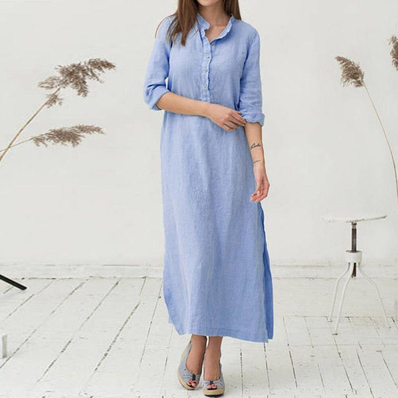 

Women' Casual Loose Stand Collar Dress Long Sleeve Button Up Shirt Elegant Party Dress Vestidos, Blue