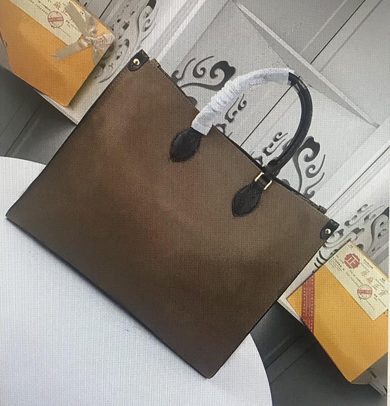 

M44576 High Quality Leather Fashion ONTHEGO Double color Handbags Women big flower Tote bag Wallet Classic Shopping Shoulder Bag, Brown deep brown double color