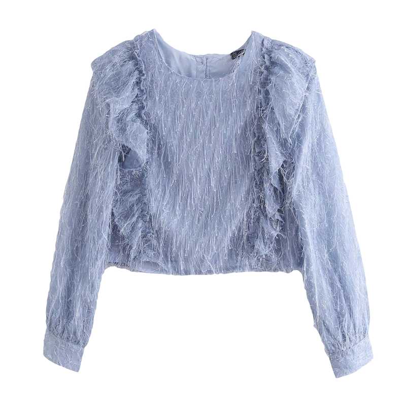 

Elegant Women Blue Faux Fur Shirts 2021 Fashion Ladies O-Neck Ruffles Tops Sweet Female Streetwear Button Blouse Chic Girl Shir