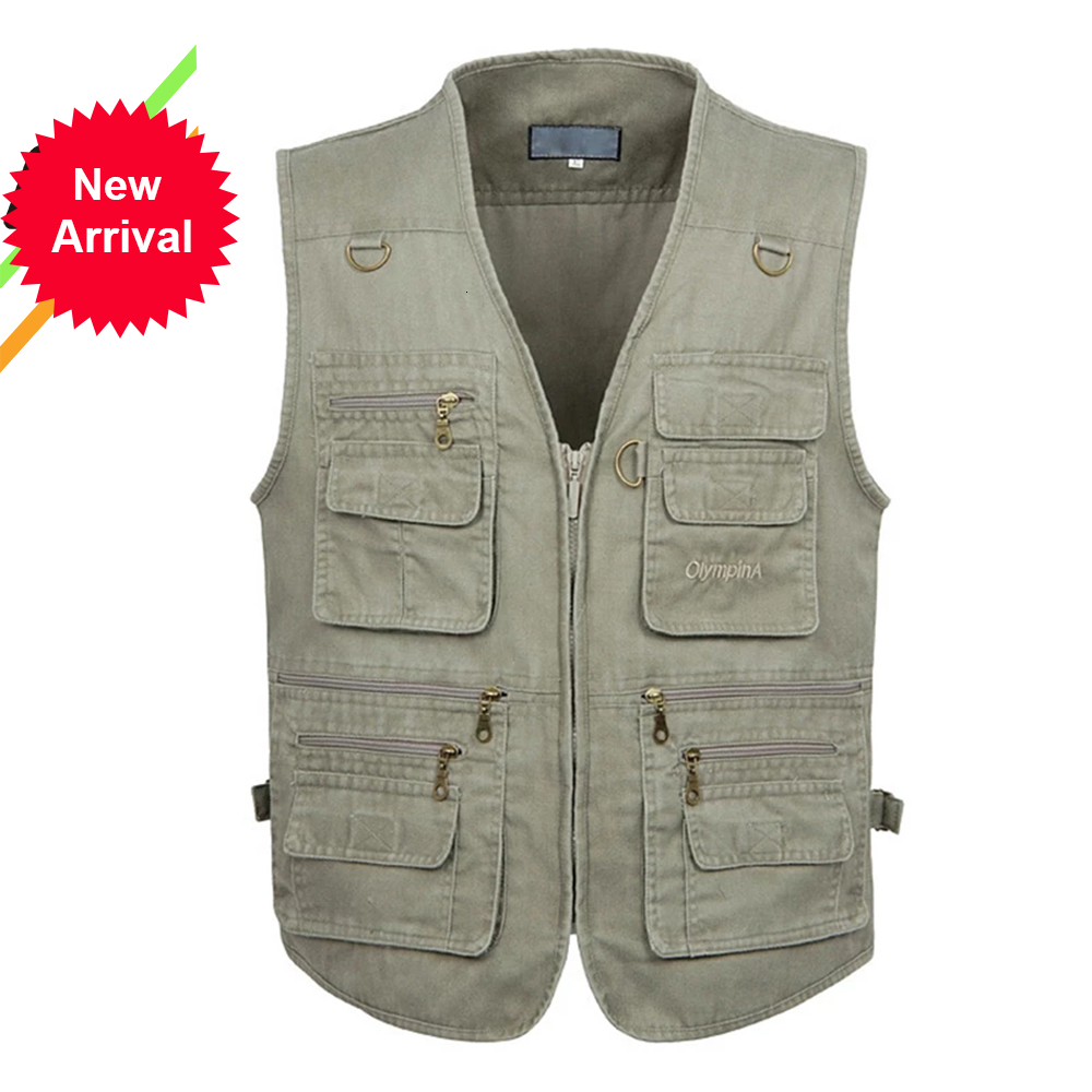 

2021 New Male Casual Summer Big Size Cotton Sleeveless Vest with Many 16 Pockets Men Multi Pocket Photograph Waistcoat Tooling 2vl5, Khaki