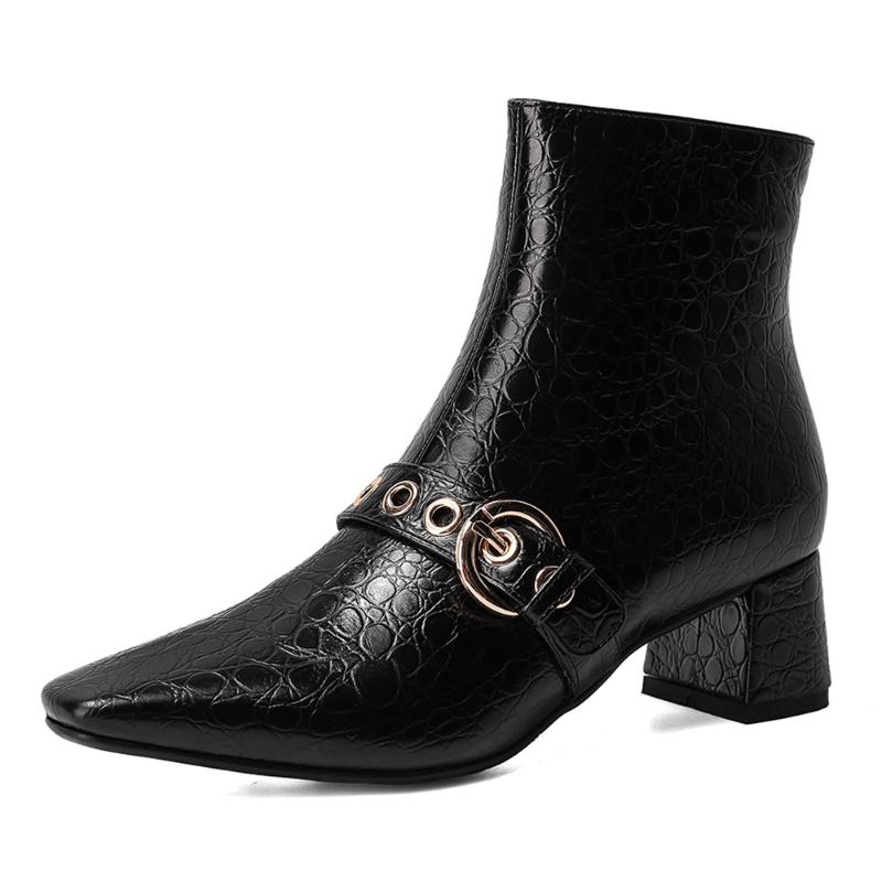 

Stone Grain Metal Buckle 2020 New Short Boots Belt Buckle Tapered Heel Side Zipper Ankle Boots TPR Microfiber Lining Office Shoe, Black