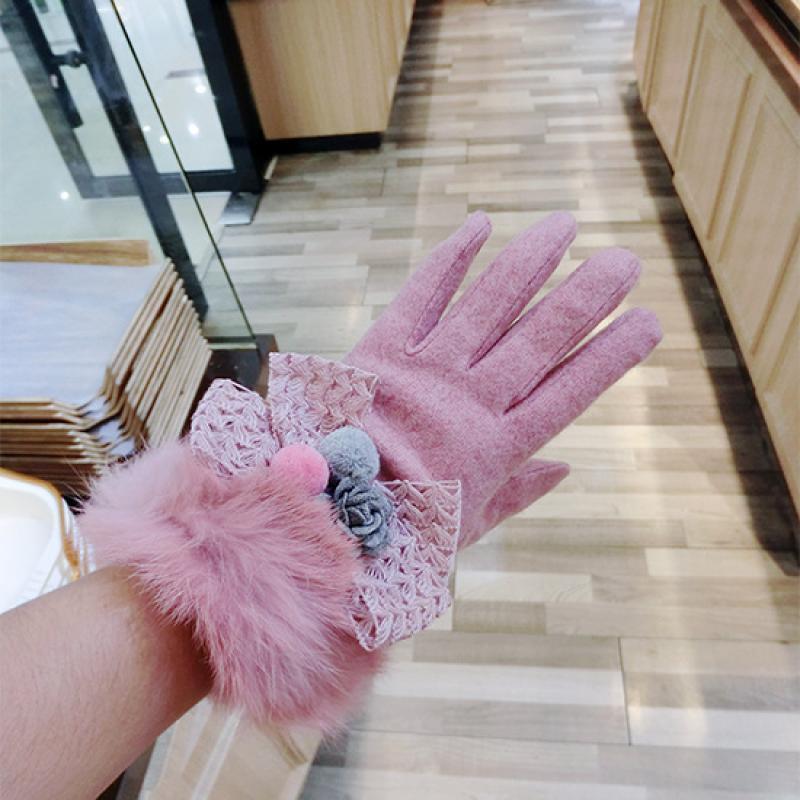 

Cashmere Fur Gloves Korean Version Of The New Pink Luokou Bow Thickened Warmth Touch Screen Gloves For Women