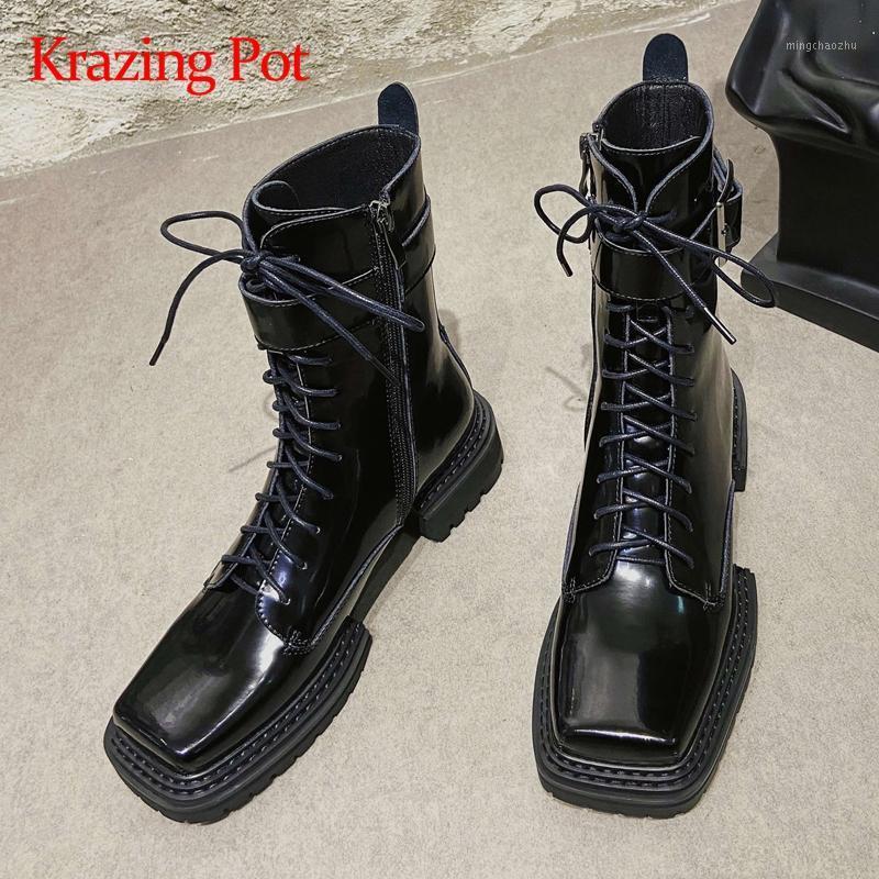 

Krazing pot 2020 top quality handsome riding boots cow leather square toe thick bottom cross-tied young lady mid-calf boots L331, Black1