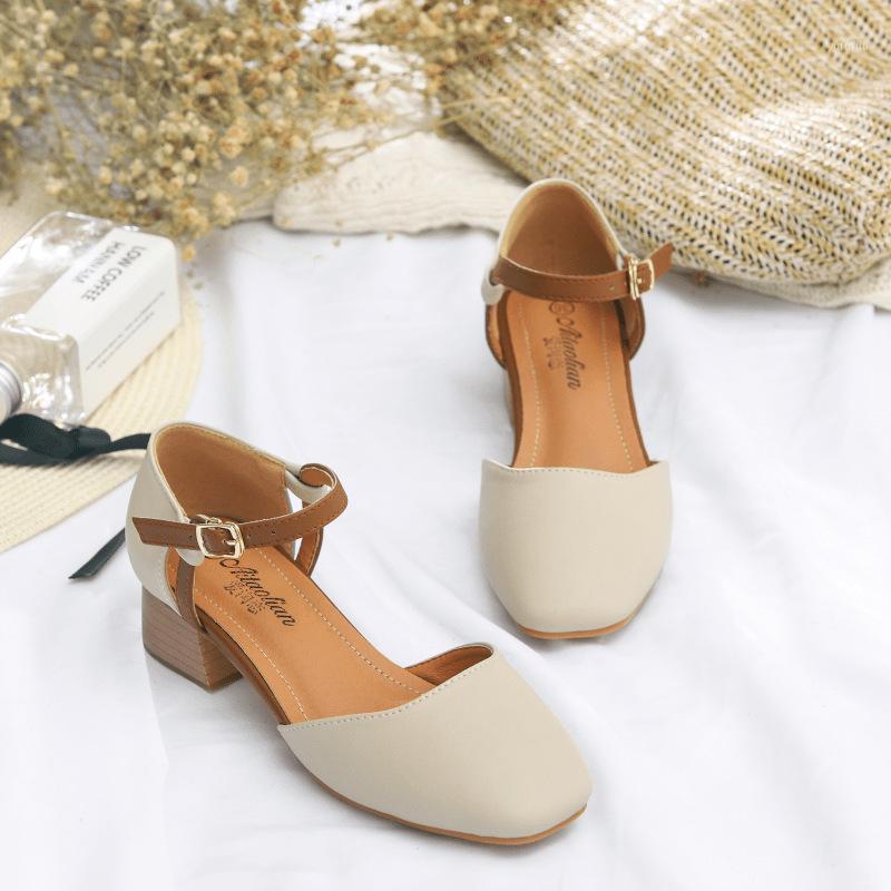 

Women's shoes sandals women's mid-heeled shoes Mary Jane grandma Baotou sandals word women women1, Apricot