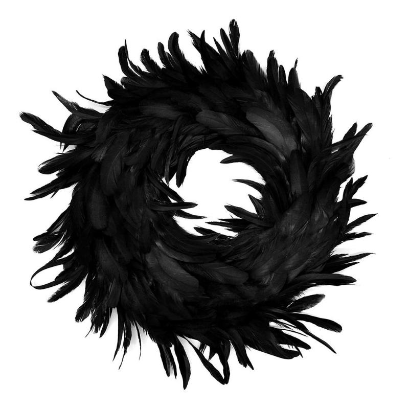 

35cm Natural Black Feathers Halloween Wreath Spooky Scene Horror Door Wreath Halloween Decorations Garland, As pic