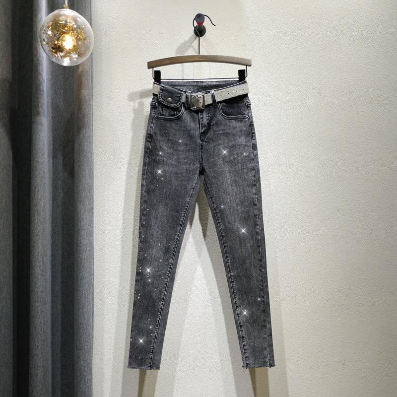 

Hot Drilling Jeans Slim-Fit Women New Spring Skinny Pencil Pants Female Greyish Black Stretch Denim Trousers Leggings, Not with belt