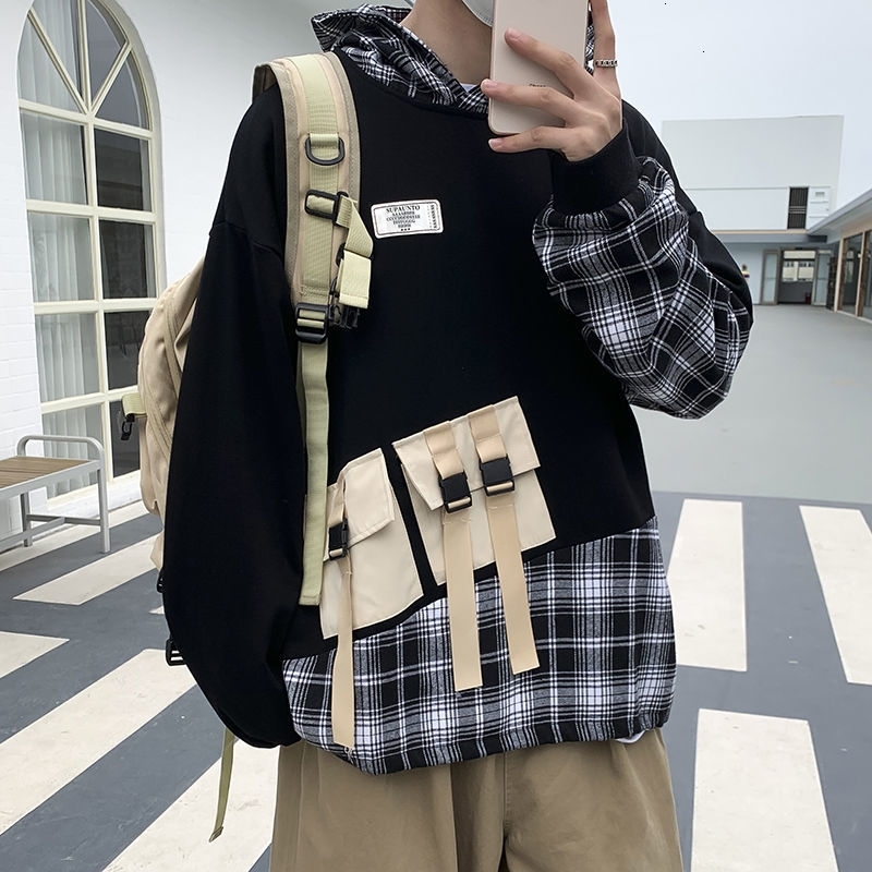 

New Men's Casual Hooded Plaid Sweatshirts 2021 Fashion Girls Oversize Hoodies Korean Streetwear Male Clothing B8c0, Black