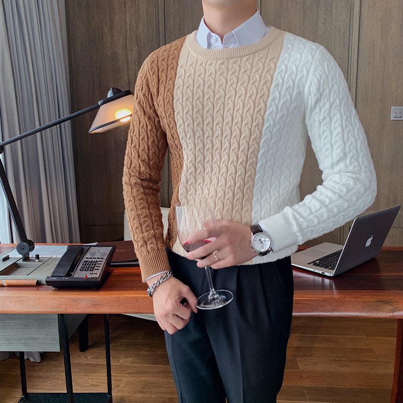 

Splicing Chunky Sweater Men Thick Line Sweater Pullover Round Neck Casual Herren Pullover Winter Knitted, Light color