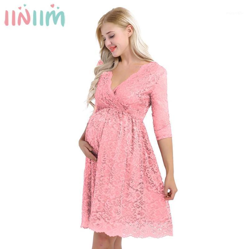 

Womens Femme Maternity Elegant Dress Floral Lace Overlay V Neck Half Sleeve Pregnant Photography Dress for Take Part Weeding1, Pink