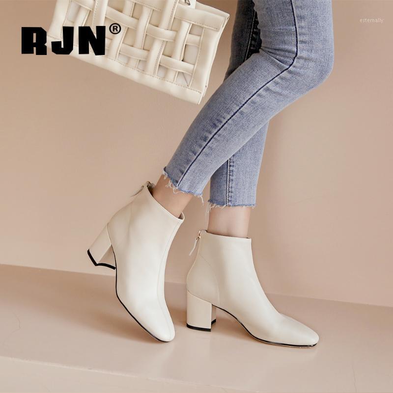

RJN Autumn Elegant Round Head Women's Ankle Boots Comfortable Genuine Leather Thick Heel Zipper Short Plush Women's Shoes RO1471, Beige short plush
