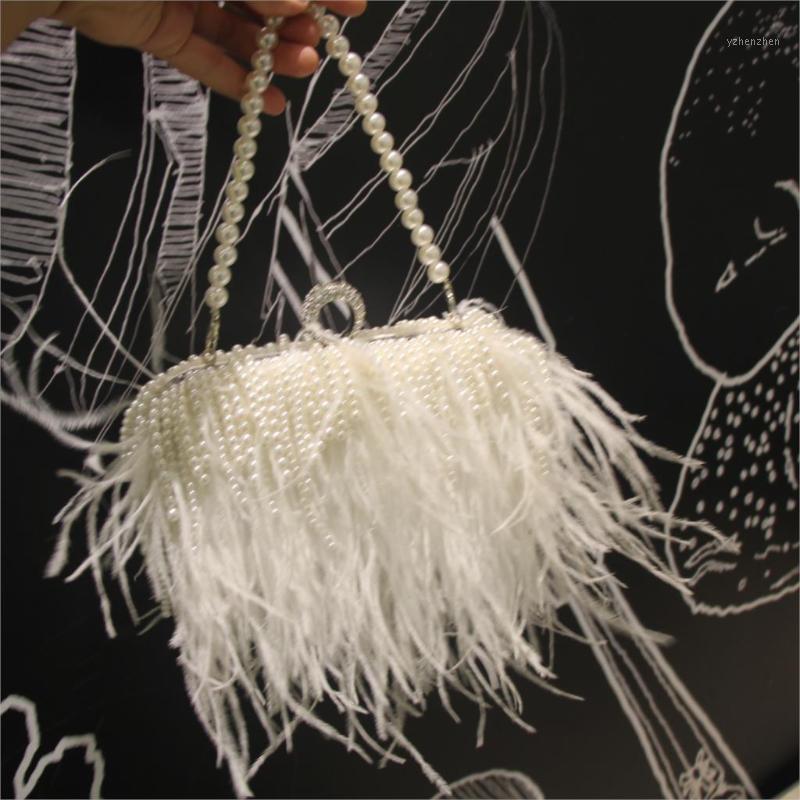 

Luxury Handbags Women Pearl Bags Designer Ostrich Feather Handbags Diamond Knuckle Rings Dinner Evening Clutch Bag Chain Purse1, White
