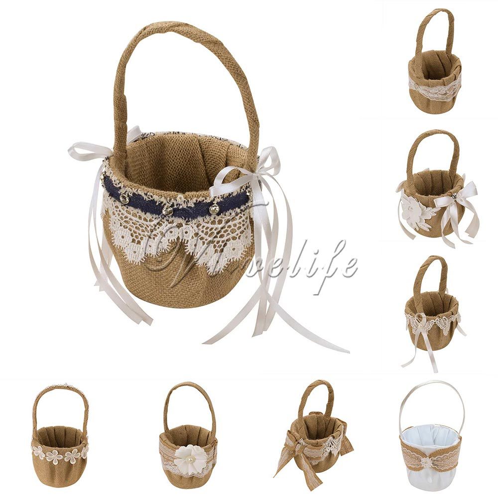 

Retro Jute Burlap Lace Flower Girl for Wedding Decoration Storage Basket Hanging Basket14cm x 23cm