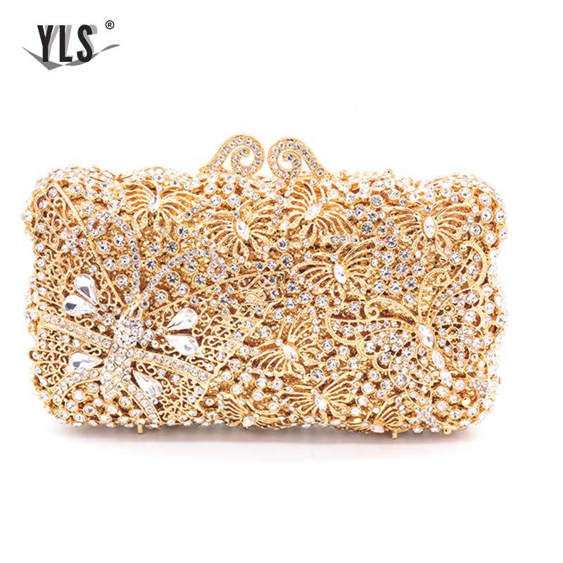 

Women Evening Party Bag Diamonds Elegant Crystal Clutch Luxury Bridal Wedding Gold Purse Handbag Butterfly Torebki Damskie