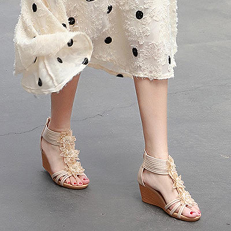 

SAGACE Shoes Flowers Women New Female Shoes Summer Casual Comfortable Sandal Wedges Leather Zapatos de mujer Mujer May25, Beige