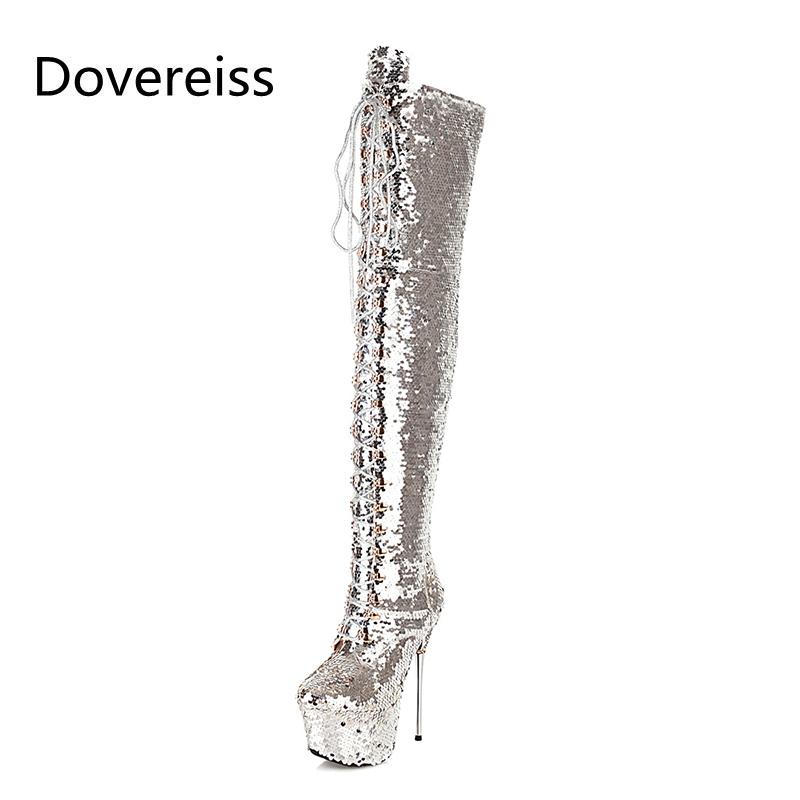 

Dovereiss Fashion Women's Shoes Winter Pointed Toe Zipper new Cross tied bling-bling Over the knee boots Stilettos heels 32-43, Black